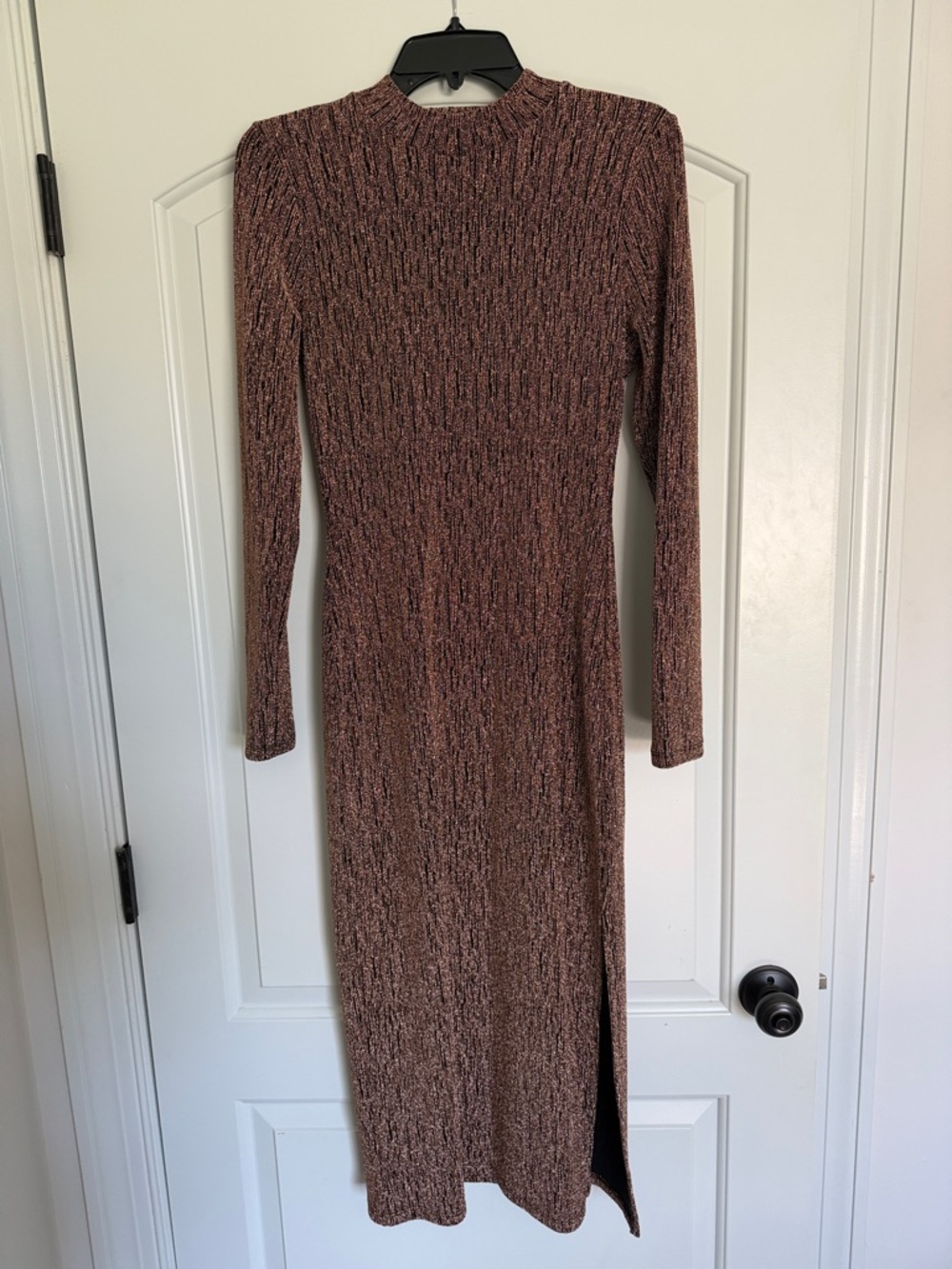 Long-Sleeve Ribbed Midi Dress in Bronze